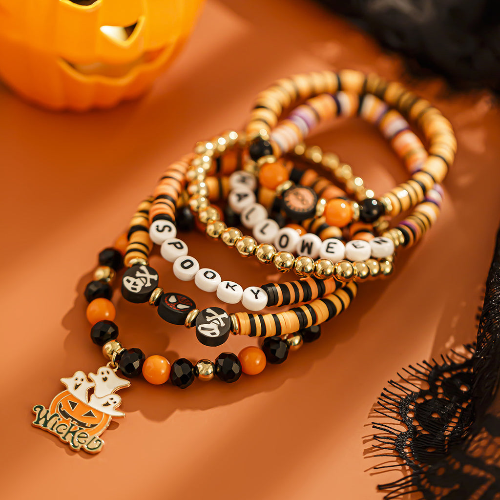 Halloween Pumpkin Soft Ceramic Bracelet Punk Alloy Letter Gothic Style Multi Layer Bracelet